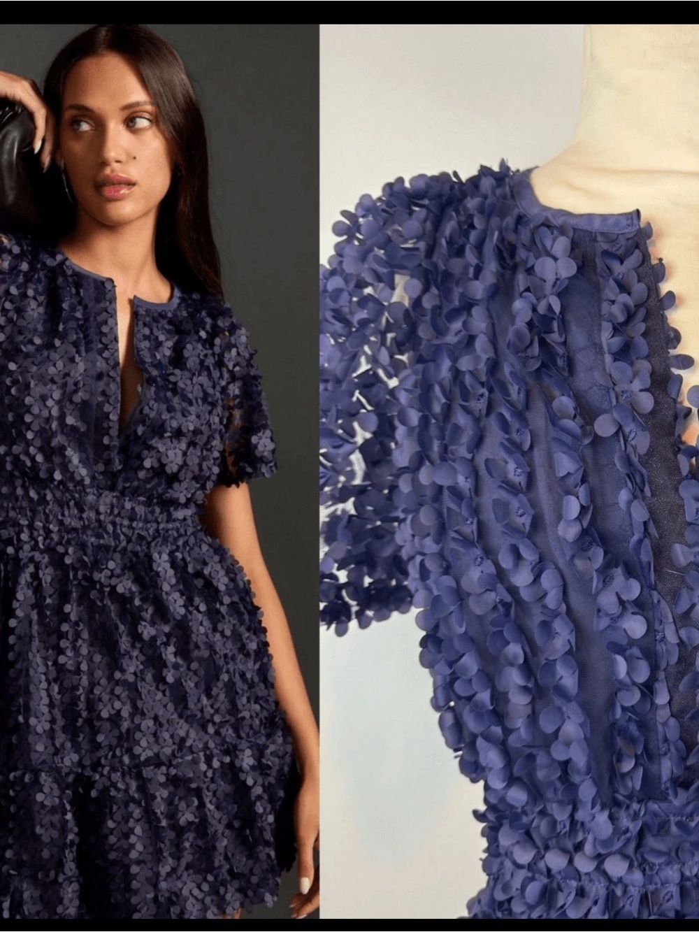 New Anthropologie * Somerset Mini 3D Floral Applique Navy Blue Textured Dress